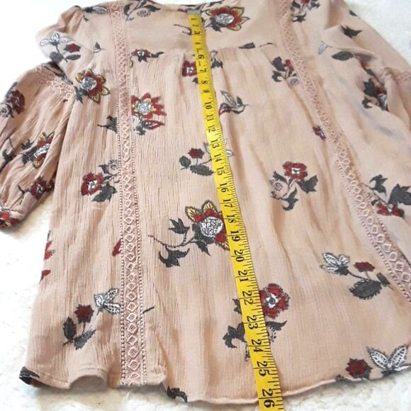 Womens Sz S Beige Gauzy Floral Fairy BOHO Cottage Core V-Neck Pullover Blouse - Picture 6 of 11